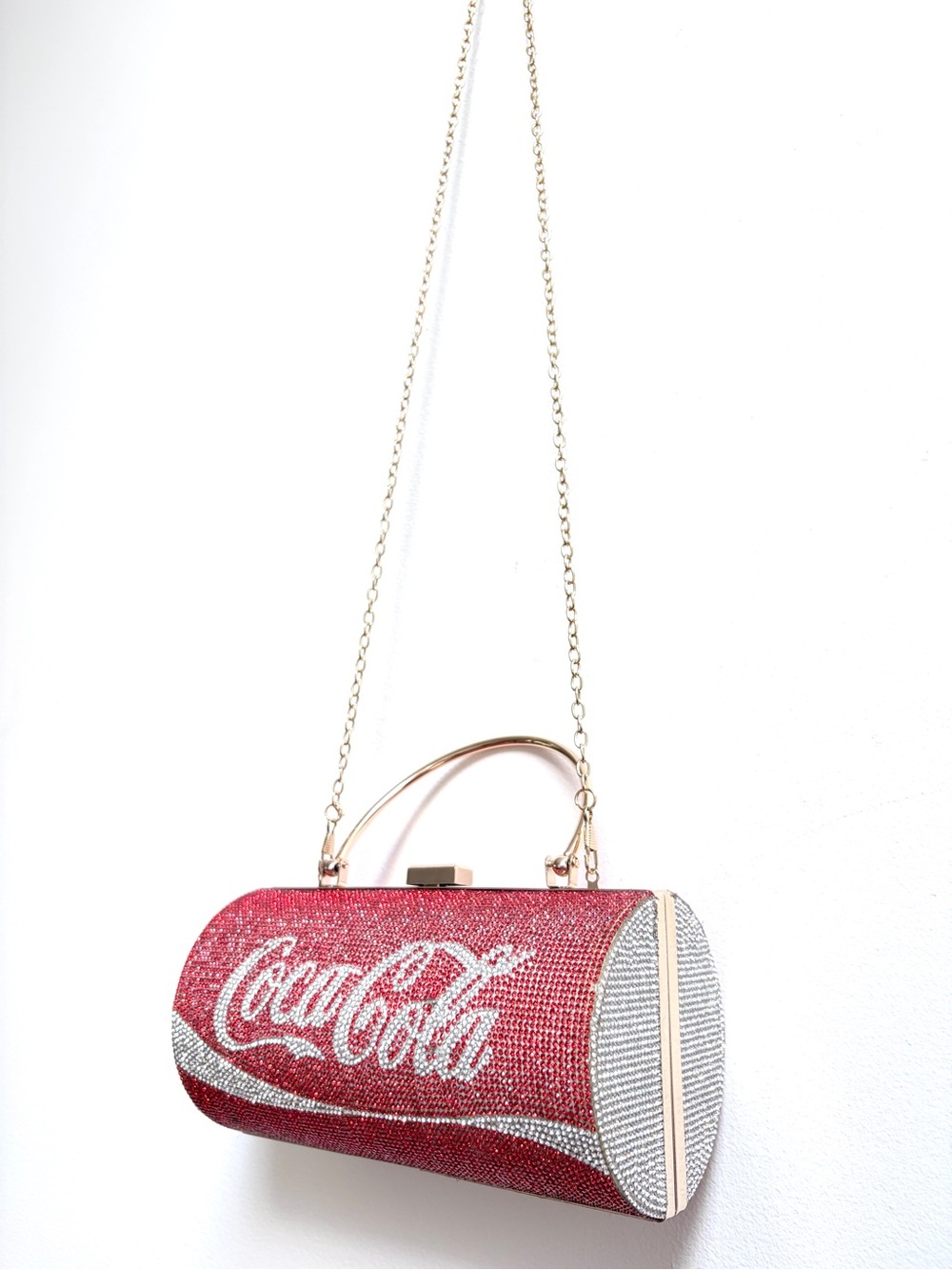 Coca Cola Red and Silver Crystal Logo Cylinder Handbag with Gold Handle + Chain